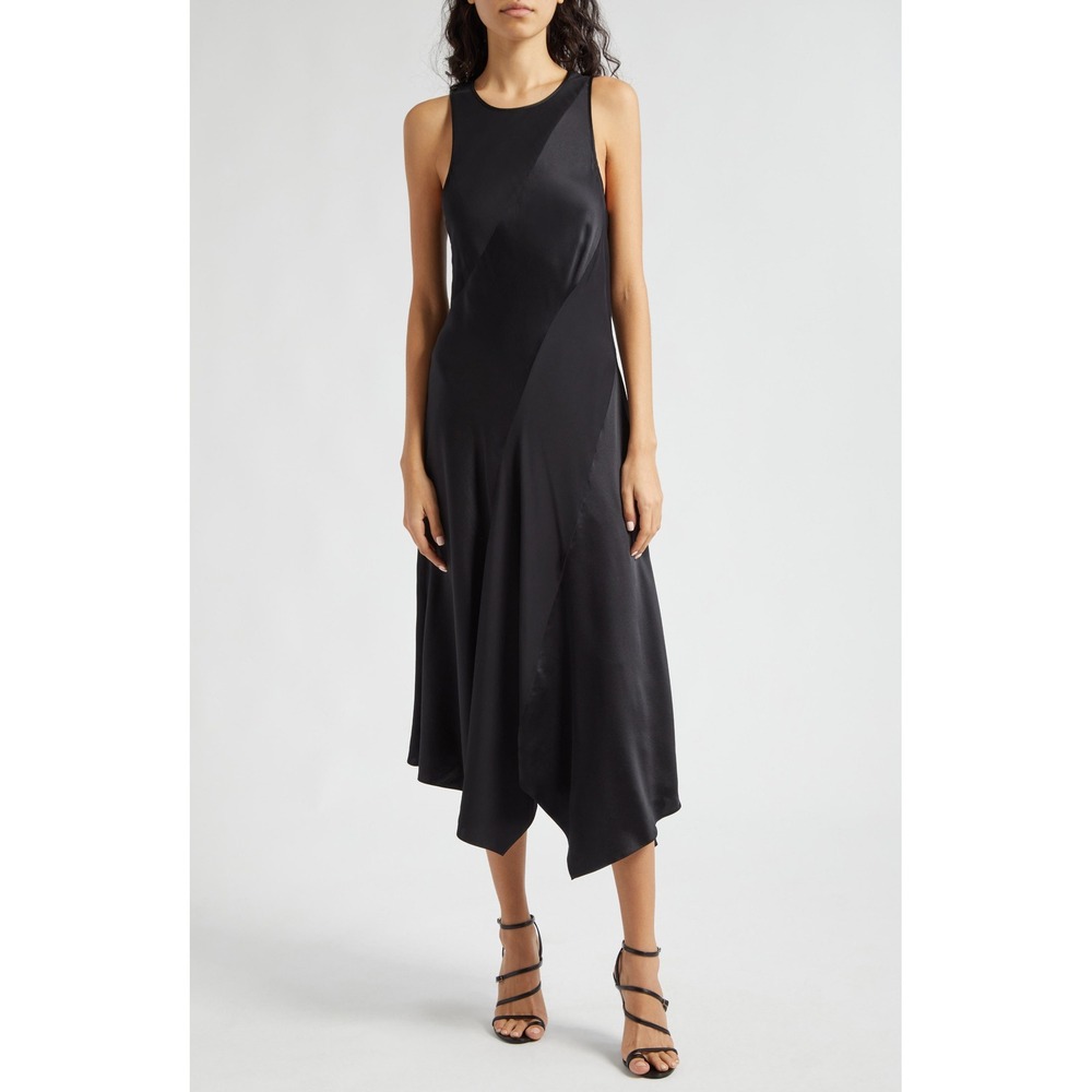Cinq a Sept Solana Dress Womens 6 Black New Asymmetric Silk Midi Minimalist